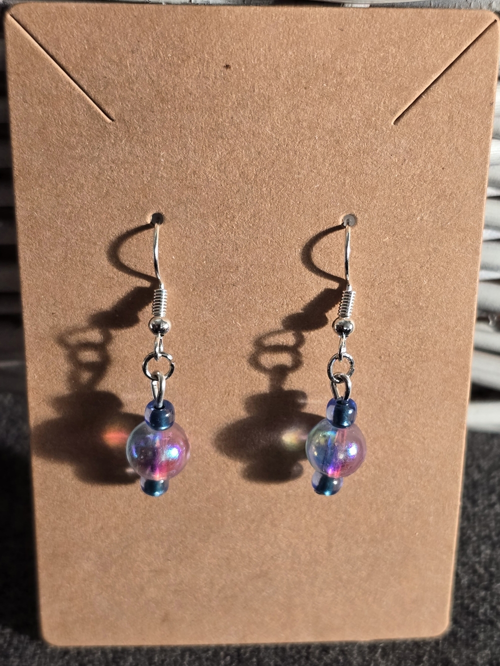 Iridescent Rainbow Glass Bead Dangle Earrings Handmade NWT - Picture 4 of 5